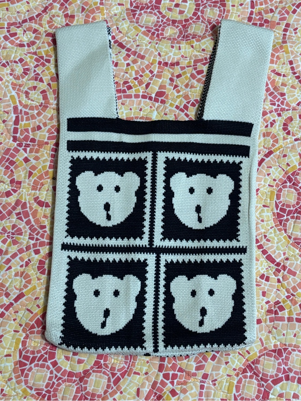 Black White Knit Bear Graphic Tote Bag Y2K Indie Aesthetic Handbag